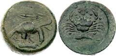 Coins - Ancient World Ancient Greece Akragas (Sicily) Hemilitron 425 - 406 BC (ND) SNG.ANS.1029v; Bronze 16.30 g.; Obv: Eagle standing holding tunny-fish in talons. Rev: Crab with selion leaf above in