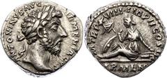 Coins - Ancient World Roman Empire Marcus Aurelius AR Denarius 163 - 164 AD RIC# 81; Silver 3.51 g.; Marcus Aurelius (161-180); Rome Mint; Obv: ANTONINVS AVG ARMENIACVS, Head of Marcus Aurelius, laure