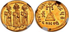 Coins - Ancient World Byzantium Heraclius, Constantin and Heraclonas AV Solidus 632 - 641 AD (ND) NGC MS Strike: 5/5, Surface: 2/5 MIB# 50, Sear 769; Gold 4.47 g.; Obv: VICTORIA AVCCЧθ, Cross potent o