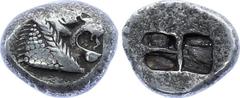 Kingdom of Lydia, before 561 BC, AR 1/4 stater Kingdom of Lydia, before 561 BC, AR 1/4 stater (2,6 gr), Head of roaring lion right/ Two incuse square punches of unequal size, Sear 3398 but in silver.
