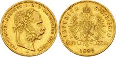 Gold Coins Austria 20 Francs / 8 Florin 1886 KM# 2269; Gold (.900), 6.45 g. Mintage 139657