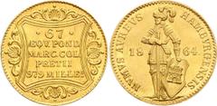 German States Hamburg Dukat 1864 KM# 579, Divo/S. 80; Fb. 1142; Schl. 338. Gold, 3.49g. Hamburg Hansestadt Free City Ducat. UNC.