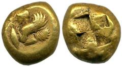Ancient World Greek Mysia Cyzicus Stater 550 - 475 B.C. Siren bird, with two spirals on crown of head, standing l., holding in r. hand tuna-fish by the tail. Rev. Quadripartite incuse square. Very Rar