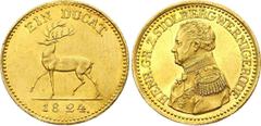 German States German States Stolberg-Wernigerode Ducat 1824 Heinrich XII KM# 92, Fr# 3364. Heinrich XII. 1824-1854, Dresden. Rare coin! Gold, 3.45g, XF-AU with mint luster and some planchet defect. Du