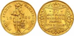 Coins - German States German States Hamburg Dukat 1869 KM# 579; Gold, 3.49g. Hamburg Hansestadt Free City Ducat. XF+, slightly curved.