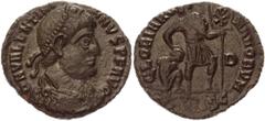 Coins - Ancient World Roman Empire Follis 364 - 367 AD, Valentian I Copper 1,98 g.; Obv: DNVALENTINIANVSPFAVG - Diademed, draped and cuirassed bust right. Rev: GLORIAROMANORVM - Valentinian I advancin
