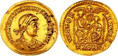 Coins - Ancient World Roman Empire Solidus 388 - 392 AD Valentinian II RIC 49c; (Treveri) Gold 4.43 g; Obv: DNVALENTINIANVSIVNPFAVG - Diademed (pearls), draped and cuirassed bust right. Rev: VICTORIAA