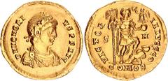 Coins - Ancient World Roman Empire Solidus 393 - 395 AD Scarce RIC# 15d; Gold., 4.40 g.; Honorius (393-423); Obv: D N HONORI - VS P F AVG, diademed, draped and cuirassed bust r., Rev: VICTOR - IA AVGG