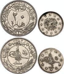 Coins - Europe Ottoman Empire 20 Para - 1 Kurush 1909 AH 1327 KM# 748, 761; With Silver; Mehmed V; AUNC with hairline