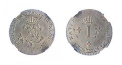 French Colonies 1739A Billon 1 Sous Marque, NGC Graded AU 58, thus very scarce, another coin used predominantly by French Settlers in the US, nice light rainbow toning. NGC Certification: 2056660-034