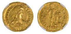 Ancient Coins Western Roman Empire Honorius, AD 393-423 AV Solidus. Obverse: Pearl-diademed, draped and cuirassed bust of Honorius to right. Reverse: VICTORI-A AVGGG / R - V / COMOB.Emperor, in milita