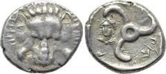 DYNASTS OF LYCIA. Perikles (Circa 380-360 BC). 1/3 Stater. Obv: Facing scalp of lion. Rev: Triskeles; to left, draped bust of Apollo facing slightly left; Lycian legend around; all within incuse squar
