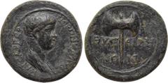 LYDIA. Thyateira. Nero (Caesar, 50-54). Ae. Obv: NEΡΩN KΛAYΔIOC KAICAP ΓEP. Draped bust right. Rev: ΘYATEIPHNΩN. Labrys. RPC I 2381. Condition: Very fine. Weight: 3.46 g. Diameter: 18 mm.