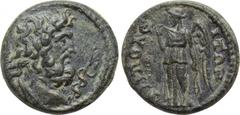 LYDIA. Tripolis. Pseudo-autonomous. Ae (3rd century AD). Obv: Draped bust of Asklepios right, serpent-entwined staff in front. Rev: ΤΡΙΠΟΛΕΙΤΩΝ. Winged Nemesis standing left, holding bridle and pullin