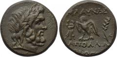 LYDIA. Blaundos. Ae (2nd century BC). Apollo and Theogens, magistrates. Obv: Laureate head of Zeus right. Rev: ΜΛΑΥΝΔΕωΝ / ΑΠΟΛΛΩΝ / ΘΕΟΓΕΝ. Eagle standing left, head right; kerykeion to left, grain e