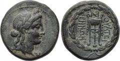 LYDIA. Thyateira. Ae (2nd century BC). Obv: Laureate head of Apollo right. Rev: ΘΥΑΤΕΙΡΗΝΩΝ. Filleted tripod; monogram above; all within wreath. BMC 3. Condition: Good very fine. Weight: 9.19 g. Diame