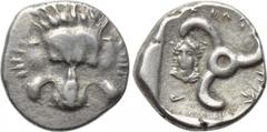 DYNASTS OF LYCIA. Perikles (Circa 380-360 BC). 1/3 Stater. Obv: Facing lion's scalp. Rev: Triskeles; bust of Apollo in left field. SNG Copenhagen -; SNG von Aulock -; BMC -; Isegrim -; cf. Roma Numism
