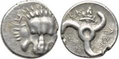 DYNASTS OF LYCIA. Perikles (Circa 380-360 BC). 1/3 Stater. Obv: Facing lion’s scalp. Rev: Triskeles; facing head of Hermes in lower field. BMC 156. Condition: Very fine. Weight: 2.99 g. Diameter: 15 m