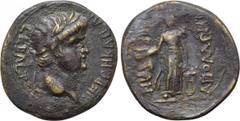 LYDIA. Apollonoshieron. Nero (54-68). Ae. Obv: NEPΩN KAICAP CΕΒΑCΤΟC. Laureate head right. Rev: AΠOΛΛΩNIEPEITΩN. Apollo standing facing, head left, holding patera and lyre. RPC I 3045. Condition: Very