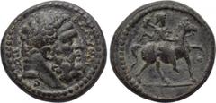 LYDIA. Blaundus. Pseudo-autonomous. Time of the Antonines (138-192). Ae. Obv: ΒΛΑVΝΔЄΩΝ. Bare head of Hercules right. Rev: Apollo-Mên riding horse right, holding bipennis over shoulder. RPC IV online 