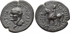 LYDIA. Mostene. Vespasian (69-79). Ae. Obv: ΚΑΙΣΑΡ ΟΥΕΣΠΑΣΙΑΝΟΣ. Laureate head left. Rev: ΚΑΙΣΑΡΕΩΝ ΜΟΣΤΗΝΩΝ. Hero riding horse left, holding bipennis over shoulder. RPC II 987. Very rare Condition: G