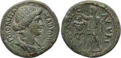 LYDIA. Tripolis. Trajan (98-117). Ae. Obv: ΘЄΑΝ ΡΩΜΗΝ ΤΡΙΠΟΛЄΙΤΑΙ. Draped bust of Roma right. Rev: ΑΥ ΚΑΙ ΤΡΑΙΑΝΟС. Trajan standing left, holding sceptre and crowning trophy to left. RPC III 2558; BMC