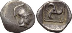 DYNASTS OF LYCIA. Vekhssere I (Circa 440-430 BC). Obol. Obv: Helmeted head of Athena right. Rev: VEKH (in Lycian). Triskeles within incuse square. Cf. Vismara II, 44-47 (trihemiobol); cf. Traité II, 4