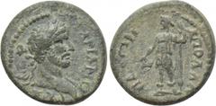 LYDIA. Apollonis. Hadrian (117-138). Ae. Obv: ΑΔΡΙΑΝΟС ΚΑΙСΑΡ. Laureate bust right, with slight drapery. Rev: ΑΠΟΛΛΩΝΙΔΕΩΝ. Dionysus standing left, holding thyrsus and pouring cantharus. RPC III 1840;