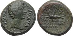 LYDIA. Philadelphia. Caligula (37-41). Ae. Moschion Moschionos Philokaisar, magistrate. Obv: ΓΑΙΟC ΚΑΙCΑΡ. Bare head right. Rev: ΦΙΛΟΚΑΙCAP / ΦΙΛΑΔΕΛΦΕΙΩΝ / MOCXIΩΝ / ΜΟCXIΩΝΟC. Capricorn with cornuco