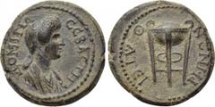 LYDIA. Thyateira. Domitia (Augusta, 81-96). Ae. Obv: ΔΟΜΙΤΙΑ CЄΒΑCΤΗ. Draped bust right. Rev: ΘVATЄIPHNΩN. Tripod. RPC II 945. Condition: Good very fine. Weight: 2.97 g. Diameter: 17.00 mm.