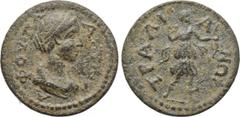 LYDIA. Tralleis. Plautilla (Augusta, 202-205). Ae. Obv: ΦΟΥ ΠΛΑΥΤΙΛΛΑ. Diademed and draped bust right. Rev: TPAΛIANΩN. Artemis advancing right, holding bow and drawing arrow from quiver, dog at feet r