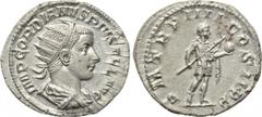 GORDIAN III (238-244). Antoninianus. Rome. Obv: IMP GORDIANVS PIVS FEL AVG. Radiate, draped and cuirassed bust right. Rev: P M TR P IIII COS II P P. Gordian advancing right in military dress, holding 
