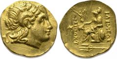 KINGS OF THRACE. Lysimachos (305-281 BC). GOLD Stater. Byzantion. Obv: Diademed head of the deified Alexander right, with horn of Ammon. Rev: ΒΑΣΙΛΕΩΣ / ΛΥΣΙΜΑΧΟΥ. Athena seated left on throne, holdin