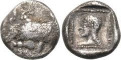 DYNASTS OF LYCIA. Uvug (Circa 470-440 BC). Tetrobol. Obv: Forepart of winged human-headed bull left. Rev: Head of Aphrodite left within dotted incuse square. Vismara II, 91. Condition: Very fine. Weig