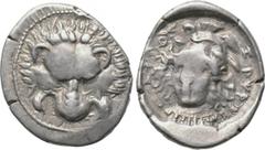 DYNASTS OF LYCIA. Zagaba (Circa 400-380 BC). Third Stater. Obv: Facing lion’s scalp. Rev: Helmeted head of Athena facing slightly left. Lycian legend around. SNG Copenhagen - (cf. Supp. 469); Vismara 
