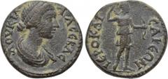 LYDIA. Hierocaesarea. Lucilla (Augusta, 164-182). Ae. Obv: ΛΟVΚΙΛΛΑ СЄΒΑС. Draped bust right. Rev: ΙЄΡΟΚΑΙСΑΡЄΩΝ. Artemis standing right, holding bow and drawing arrow from quiver. RPC IV 1588. Rare C