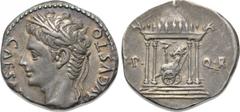 AUGUSTUS (27 BC-14 AD). Denarius. Uncertain Spanish mint, possibly Colonia Patricia. Obv: AVGVSTO CAESARI. Laureate head left. Rev: S P - Q R. Temple of Mars Ultor: round-domed, tetra-style temple set
