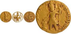 Antique Jewellery, Coins of Ancient India & Ancient World Kushan Dynasty, Vasudeva I (190-230 CE), Gold Dinar, "OESHO" (Shiva) type, Mint Balkh?, Early phase, Obv: the diademed king, crowned and nimba