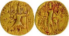 Antique Jewellery, Coins of Ancient India & Ancient World Kushan Dynasty, Vasishka (247-267 CE), Gold Dinar, "OESHO" (Shiva) type, Mint Peshawar?, Obv: the diademed king, crowned and nimbate, standing