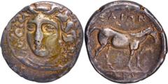 Coins of Worldwide Greeks, Thessaly Region, Larissa (400-344 BC), Civic Coinage, Silver Drachma, Obv: head of Larissa facing three-quarters left, Rev: a Horse with foal standing facing to right, Greek