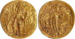 Coins of Ancient India & Ancient World Kushan Dynasty, Vasudeva I (190-230 CE), Gold Dinar, "OESHO" (Shiva) type, Mint Balkh?, late phase, Large flan, Obv: the diademed king, crowned and nimbate, stan