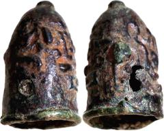 Coins of Ancient India & Ancient World Post-Mauryas (200-100 BC), Copper Buddhist Stupa, An Ancient ritualistic artifact, Being in the shape of a stupa and having symbols of railed tree with a human s