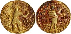 Coins of Ancient India & Ancient World Post Guptas, Samatata Region (550-700 CE), Vira Jadamarah, Gold Dinar, Obv: the king, styled in the manner of Kanishka-Kushan faces left, sacrificing over altar 