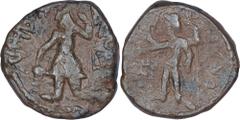 Kushan Dynasty 05. Kanishka I (127-140 AD) Copper Tetra Drachma Coin of Kanishka of Kushan Empire. Kushan Empire, Kanishka(127/8-152AD),Copper Tetradrachm, Obv:kanishka standing facing, head left, scr