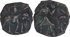 Rare Copper Coin of Post Kushan of North India. Ancient India Kushana Dynasty (Later Period) Copper Unit Post-Kushan North India (Punjab-Haryana region),Copper Coin,Obv: king riding elephant left, hol