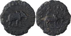 Bronze Coin of Azes I of Indo Scythians. Ancient India Indo-Scythian 07. AZES I (60-20 AD) Bronze Unit Indo-Scythians, Azes I, Bronze Unit, Obv: elephant to right, greek legend around, Rev: humpedbull