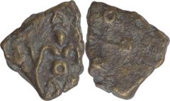 Ancient India Copper Coin of Khandesh of Mitra Dynasty. ;Mitra Dymasty, Khandesh (100 BC), Copper Unit, Obv: tribal deity standing facing,Rev: ujjaini symbol, 0.51g, 8.52mm, about very fine. Estimate: