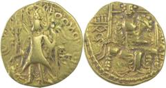 Rare Gold Dinar Coin of Vashudeva II of Kushan Dynasty. Ancient India Kushan Dynasty 12. Vasudeva II (275-310 AD) Dinar 01 ;Kushan Dynasty, Vasudeva II(275-310 AD),Gold Dinar, Obv:crowned, diademed ki