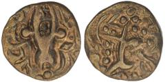 Ancient India Debased Gold Dinar Coin of Karkotkas of Kashmir. ;Karkotkas of Kashmir, Debased Gold Dinar, Obv: standing king facing front, Rev: seated goddess ardoksho,legend right side, 7.17g, 21.00m