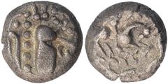 Hindu Medieval of India Billon Dramma Coin of Shilaharas of Konkan. ;Shilaharas of Konkan, Billon Dramma, Obv: unrecognizable head of king. Rev:a horseman is seen sword-fighting against two foot-soldi